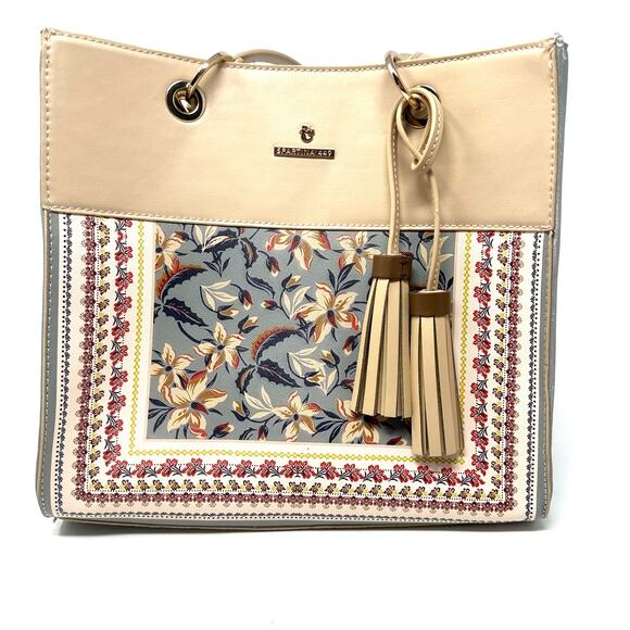 Spartina 449 Designer‎ Hand Bag Tan Blue Floral Leather Purse Snap Close Tassels - Picture 1 of 9